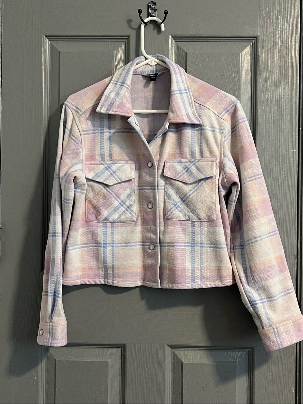 Express Pastel Pink Plaid Cropped Shirt Jacket Cozy Chic Pastel Preppy Flannel